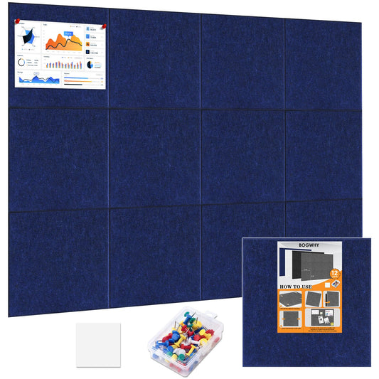 BOGWHY 12-Pack Felt Cork Bulletin Board Set, Large Size 47''×35'', for Home, School and Office Wall Tiles Cork Board, with 60 Safety Sticky Labels and 70 Colorful Pushpins（Deep Blue）
