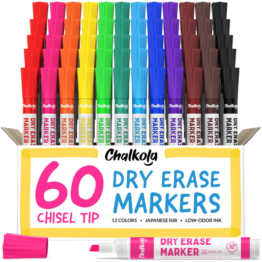 Chalkola Dry Erase Markers Bulk (60 Pack, 12 Vibrant Colors) | Chisel Tip WhiteBoard Markers, Dry Erase Pens - White Board Pens for Kids, Teachers - Home, Office, School Classroom Supplies