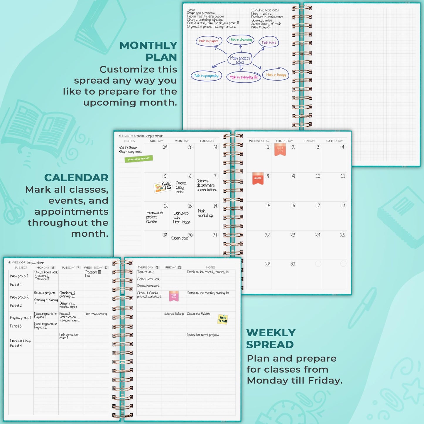 Clever Fox Teacher Planner Spiral – School Year Planner with Calendars & Lesson Plans – Teacher Plan Book for Classroom & Homeschool Organization - Undated, 7.9x10″ (Turquoise)