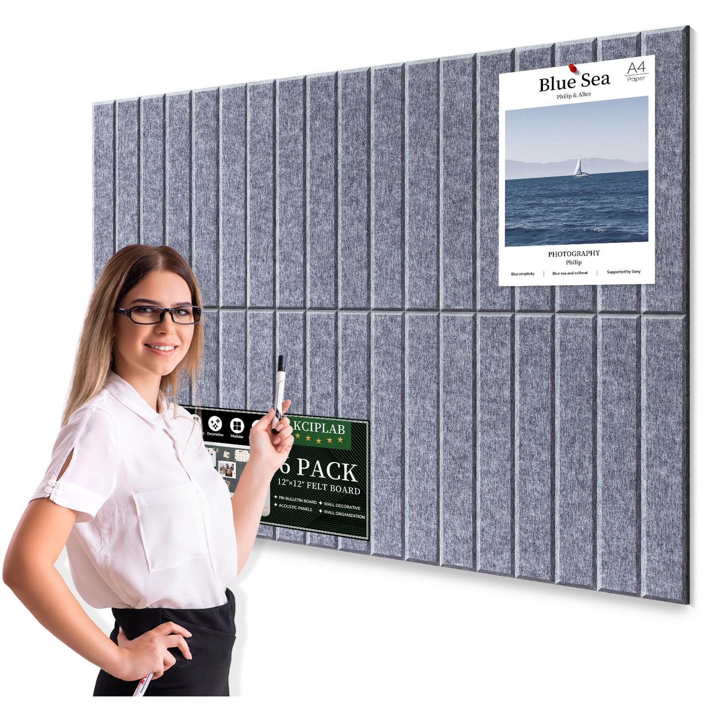 Large Cork Bulletin Board for Wall 36"x24", 6 Pack Felt Slat Wall Panel Tiles with 30 Pushpins, 25 Safe Removable Adhesive Tabs, Decorative Pin Board Tack Board for Office Home School
