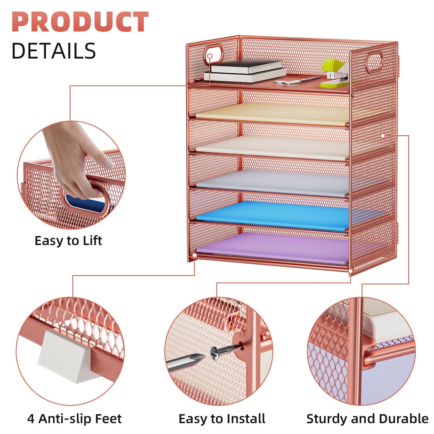 Marbrasse 2 Pack Desk Organizer with Handle, 6 Tier Paper Letter Tray, Mesh Desk File Organizer for Office, School and Home - Rose Gold