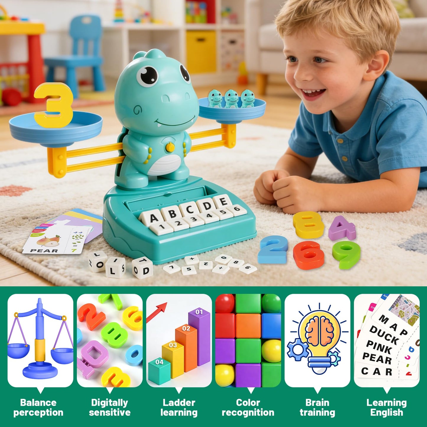 ISMETACU Upgraded Dinosaur Math Balance Toy with Number Blocks, Letter Cubes & 32 Learning Cards, Montessori Learning & Education Toys for Ages 3–7,Ideal Gift for Kids (Upgraded Blue)