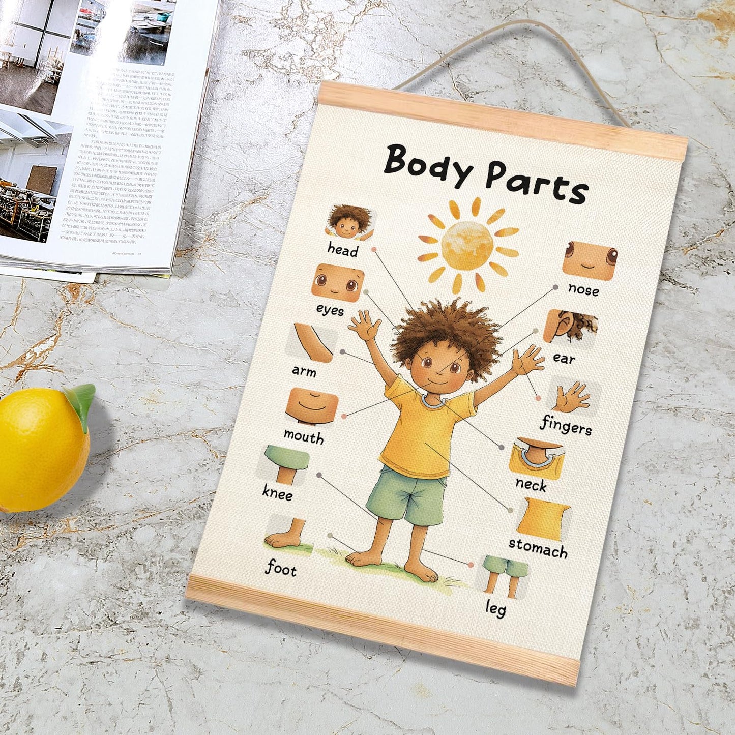 HEYJEEPER Body Parts Learning Posters Set of 2,Linen Educational Wall Art with Wood Hanger, Cute Girl & Boy Body Parts Charts for Toddlers Preschool Classroom Playroom Nursery Decor,18.5x14 Inch