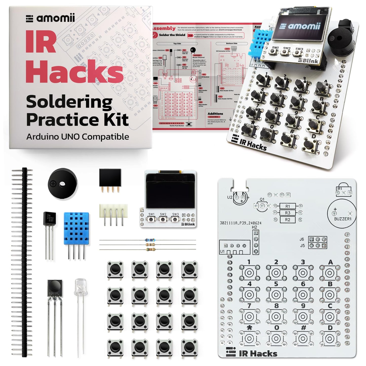 amomii IR Hacks - Soldering Practice Kit for Arduino UNO, Infrared Technology Shield with OLED Screen and 4x4 Keypad, DIY Electronics Project for Adults and Teens, Microcontroller Not Included