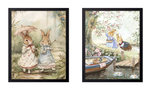 Poster Master 2-Piece Vintage Bunny Besties Poster - Rabbits In The Woods Print - Bunny Art - Story Book Art - Watercolor Creation - Aesthetic Design - Kid's Room or Nursery Decor - 8x10 UNFRAMED Wall Display