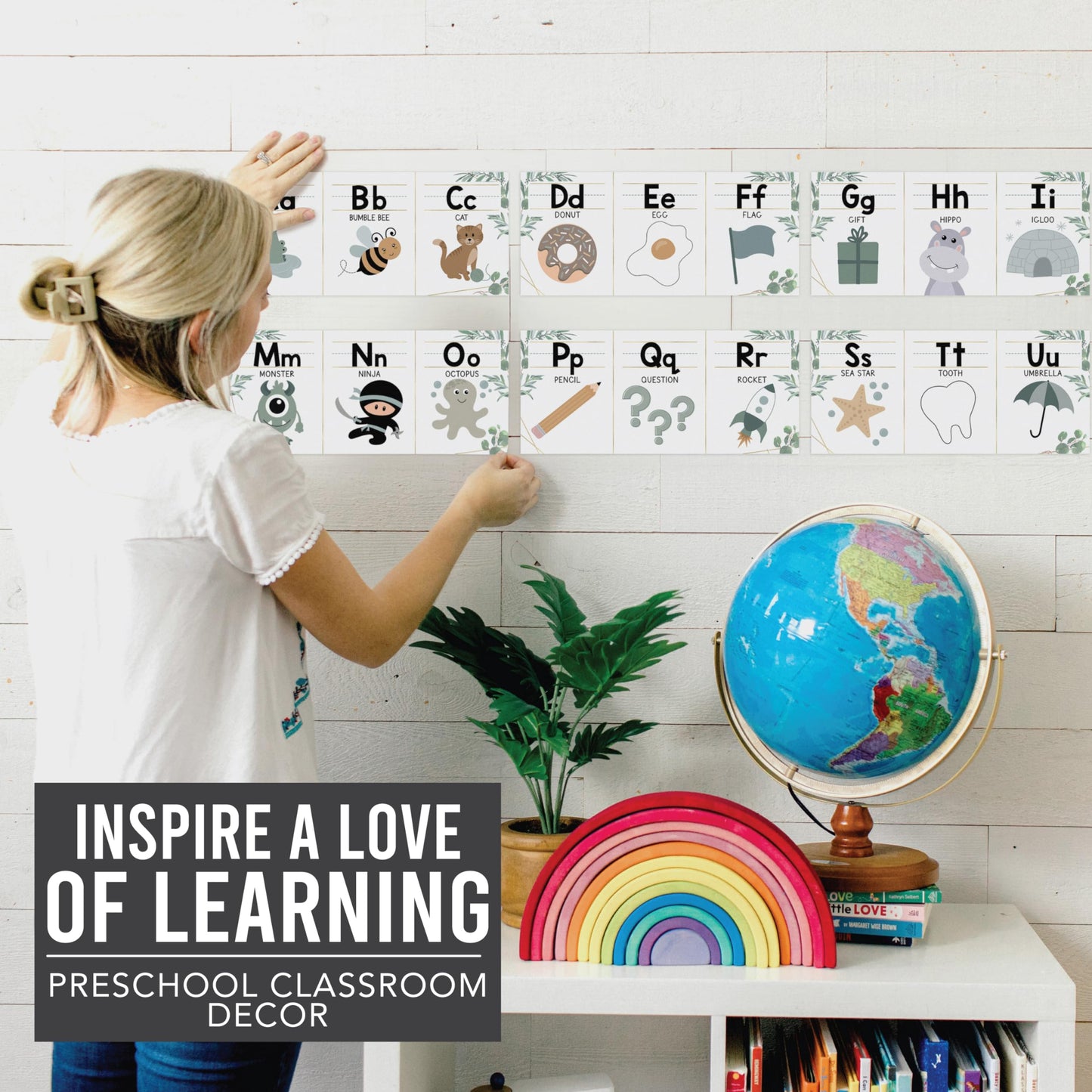 Hadley Designs Alphabet for Classroom Wall Decor - ABC Posters for Classroom Wall Chart Preschool & Kindergarten, ABC Letters & Number Line Elementary, Alphabet Cards, Greenery Classroom Decor