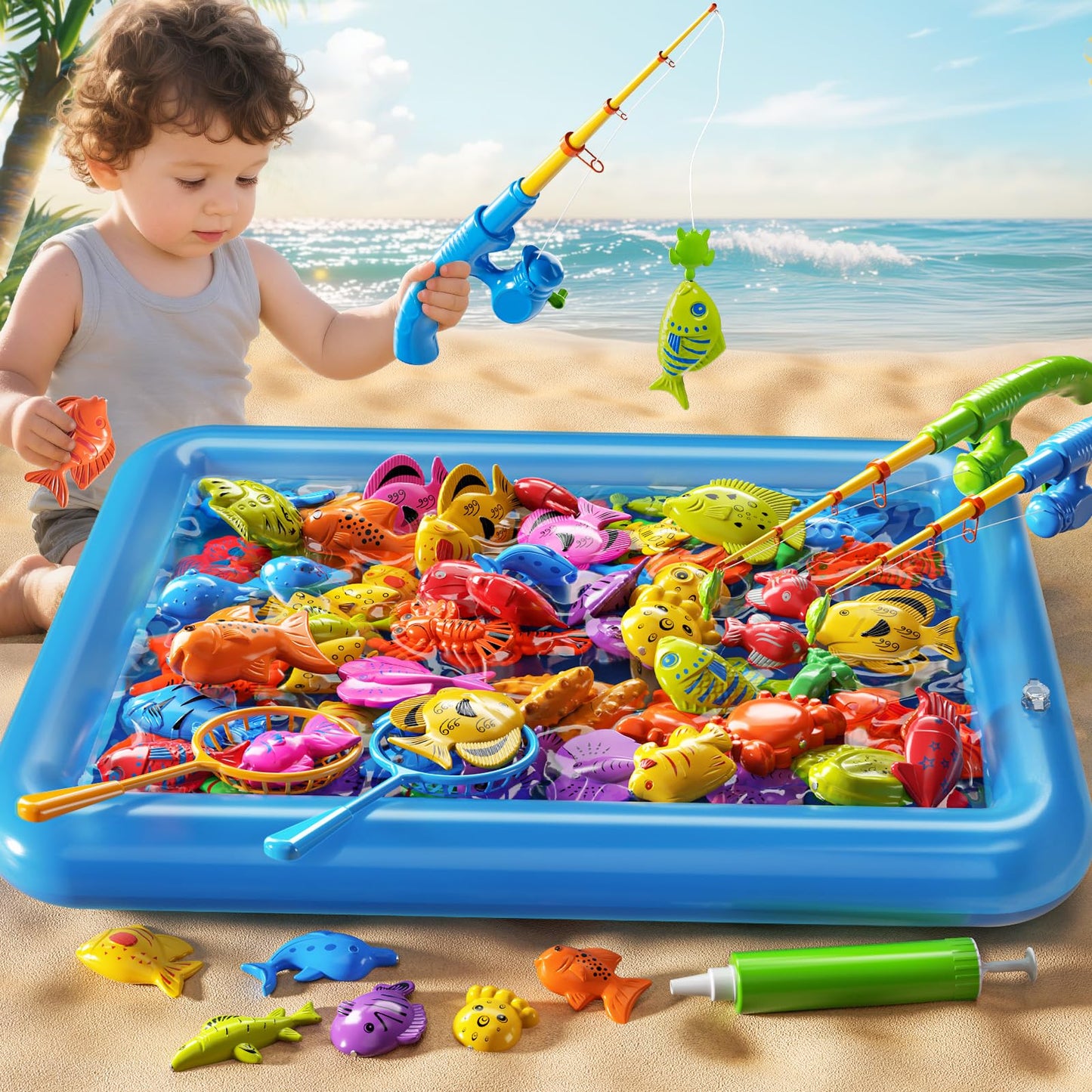 PEADUCK Magnetic Fishing Game Pool Toys Set for Kids 3-5, Water Table Bathtub Toys with Inflatable Pool Pole Rod Net Plastic Floating Fish, Outdoor Toys for Kids Boys Girls Age 3 4 5 6 7 8 Year Old