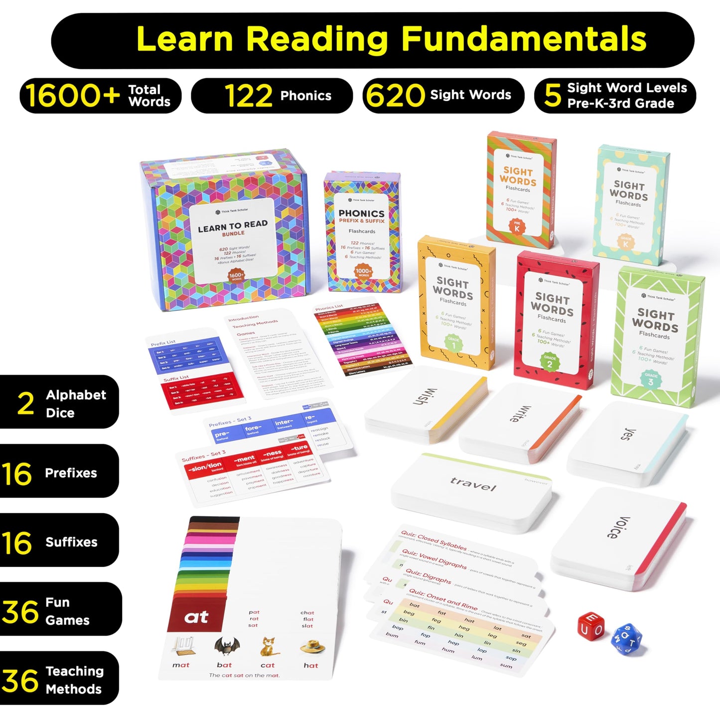 Award-Winning Learn to Read Flash Card Bundle – 1600+ Words: Sight Words, Phonics, Prefixes & Suffixes – 36 Games, 36 Tips, 2 Dice – Pre-K to 3rd Grade