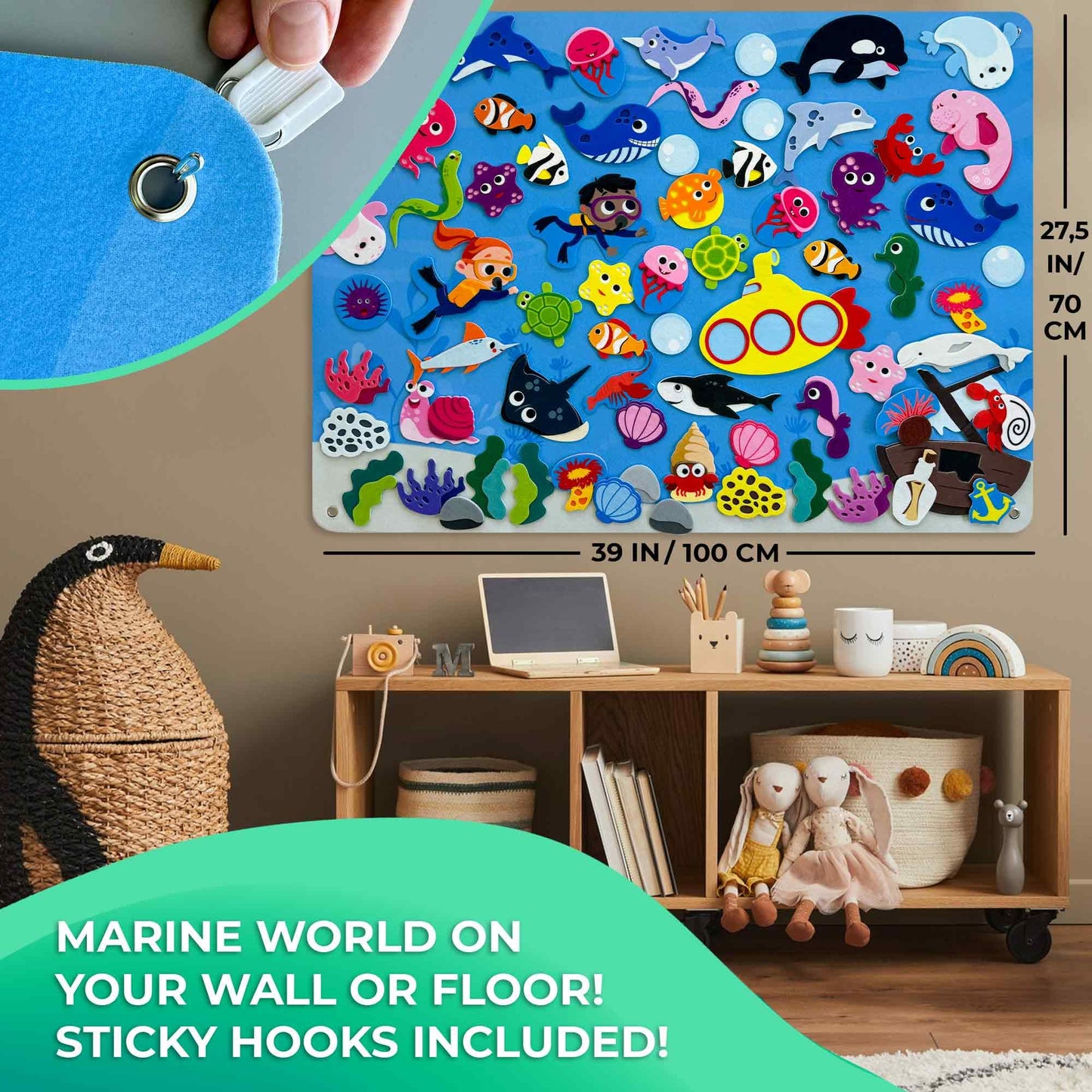 QUOKKA Ocean Felt Board for Toddlers 61 PCS - Double-Thick Felt Board Story Set with Large 39х27,7 in. Durable Wall Activity Panel - Ideal for Storytelling Indoor Toddler Activities and Classroom