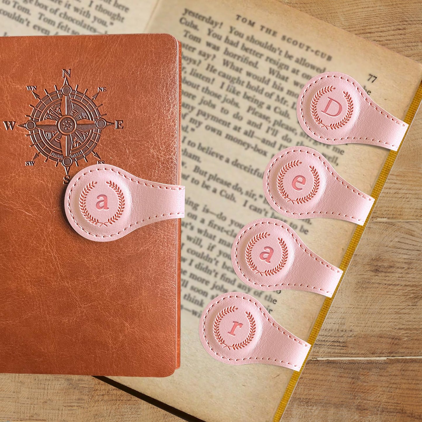Leather Magnetic Bookmarks, 3D Embossed Alphabet Initial Letter Bookmark, Cute Page Markers for Books, Journals, Planners, Bible, Small Reading Gifts for Women Men, Teachers, Students (Pink a)