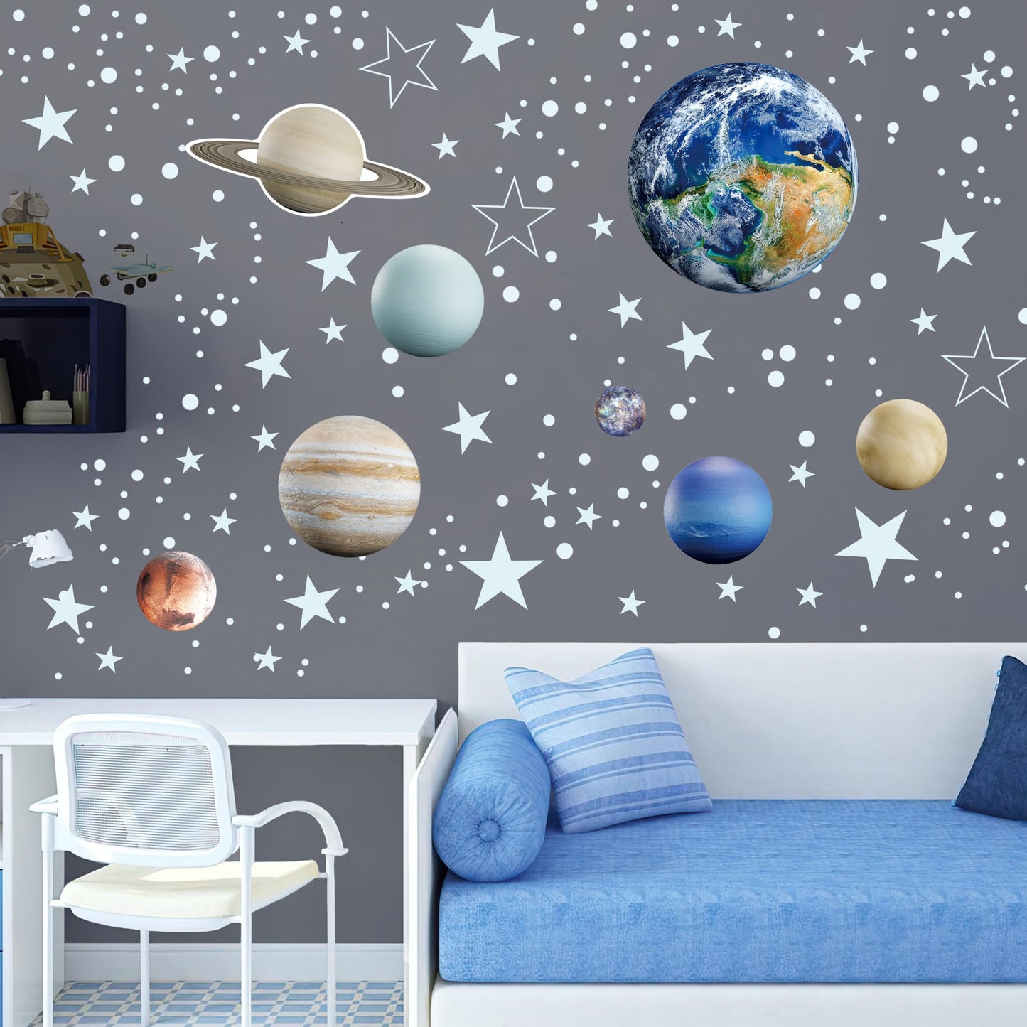 Glow in The Dark Stars Solar System Wall Decals, The Earth Wall Stickers for Bedroom, Baby Nursery Planets Sticker Decoration for Ceiling (Blue)