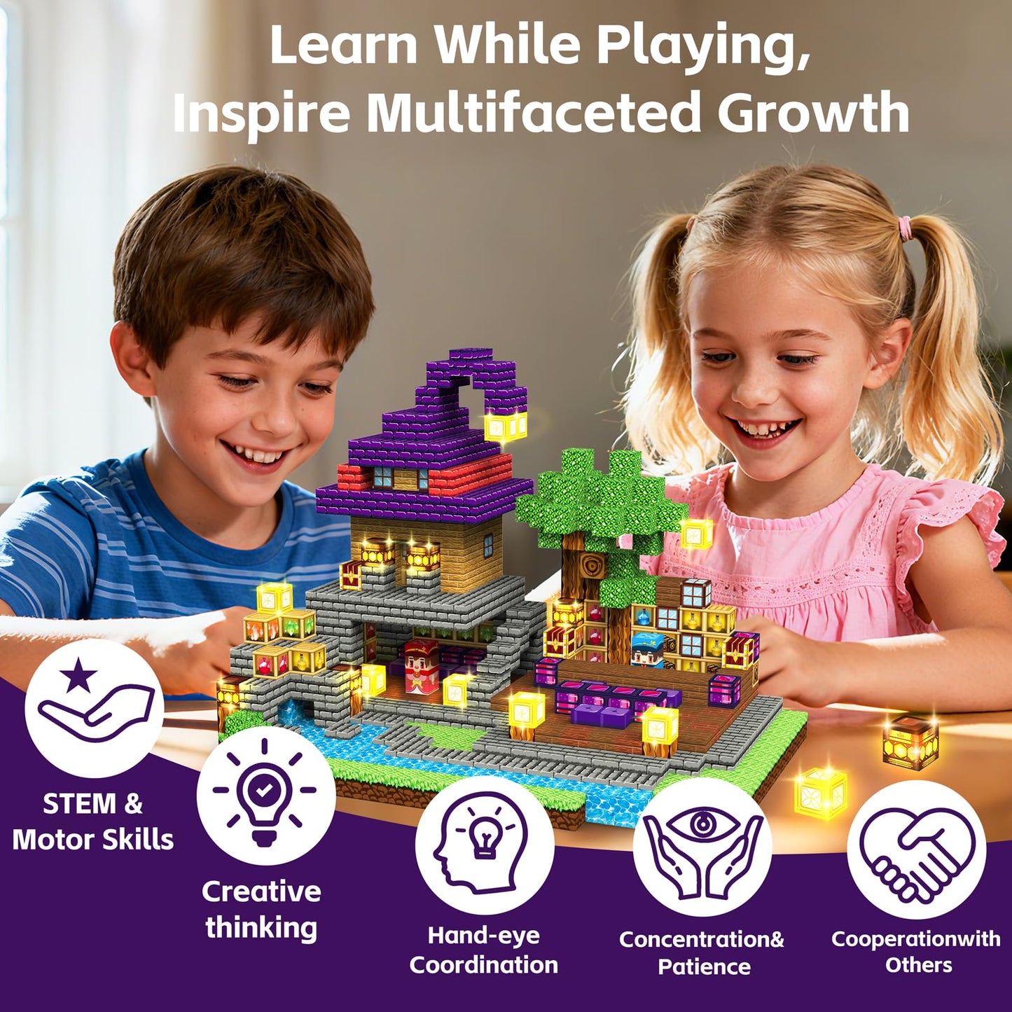 Gryxpox 150pcs Magnetic Blocks - Magnetic School Castle Set with Light Up Blocks - Kids Classroom Sensory Toy for Toddlers STEM, Construction Stacking Toy Kids 3+ Boys Girls Christmas Birthday Gifts