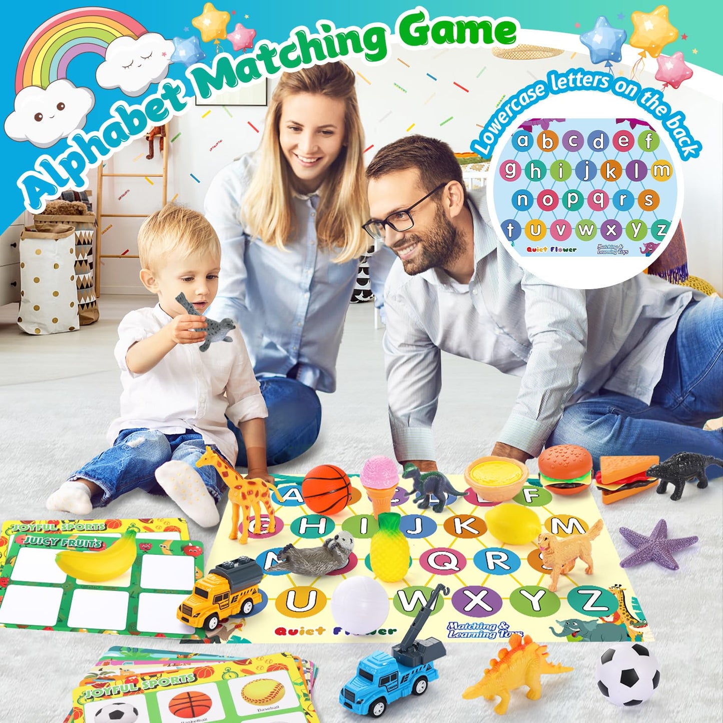 Quiet Flower 59 Pcs Sorting Toys for Toddlers 3-5, Dinosaur & Vehicle Matching Game with Flashcards, Sensory Educational Materials for Autism & Speech Development, Preschool Fine Motor Activities Gift