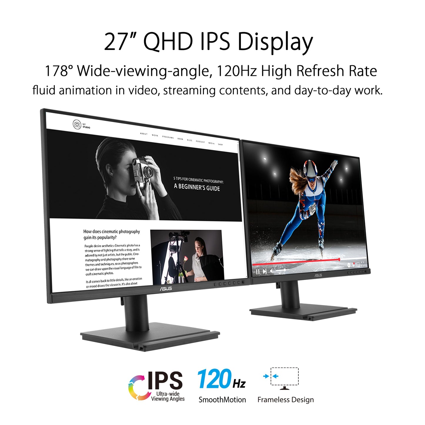 ASUS 27” 1440P USB-C RJ45 Docking Monitor (BE27ACGN) – QHD (2560x1440), IPS, 120Hz, Frameless, Speakers, Height Adjustable, DisplayPort Daisy-Chain, Power Sync, Eye Care, 3 yr Warranty