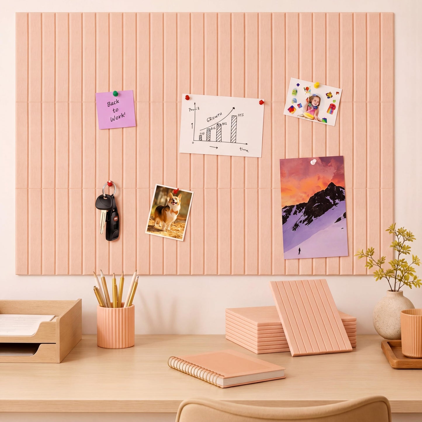 Honoson 12 Pack 48"x 36" Large Cork Board Alternative Felt Bulletin Board Wall Tiles with Safe Square Adhesive Roll Cork Tiles for Walls Home Office Classroom Back to School Pin Panels(Peach)