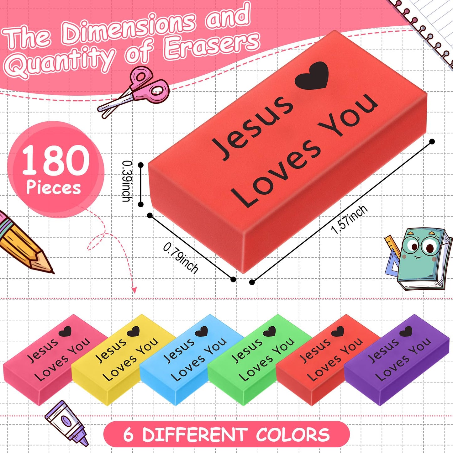 Resurhang 180 Pcs Erasers Bulk for Kids Inspirational Pencil Erasers Bulk for Drawing Motivational Big Eraser School Supplies for Classrooms Back to School Office (Jesus Loves You,Multicolor)