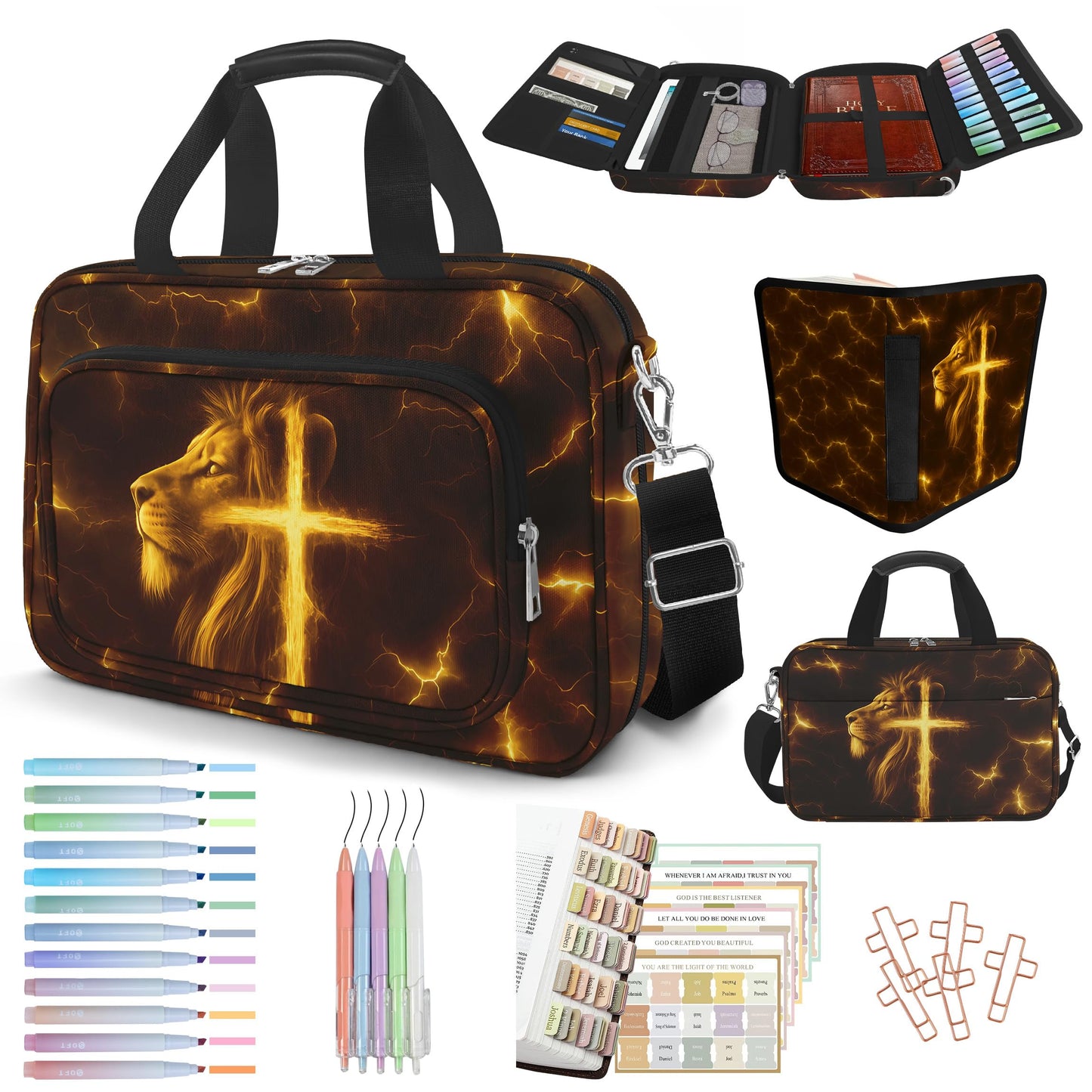 IBOVODI Lion Cross Bible Cover Case for Boys Kids, Large Men Bible Carrying Book Case Church Bag with Handle Zipper Pocket, Bible Study Supplies Journaling Kit, Highlighters Tabs Pens Cross Clips