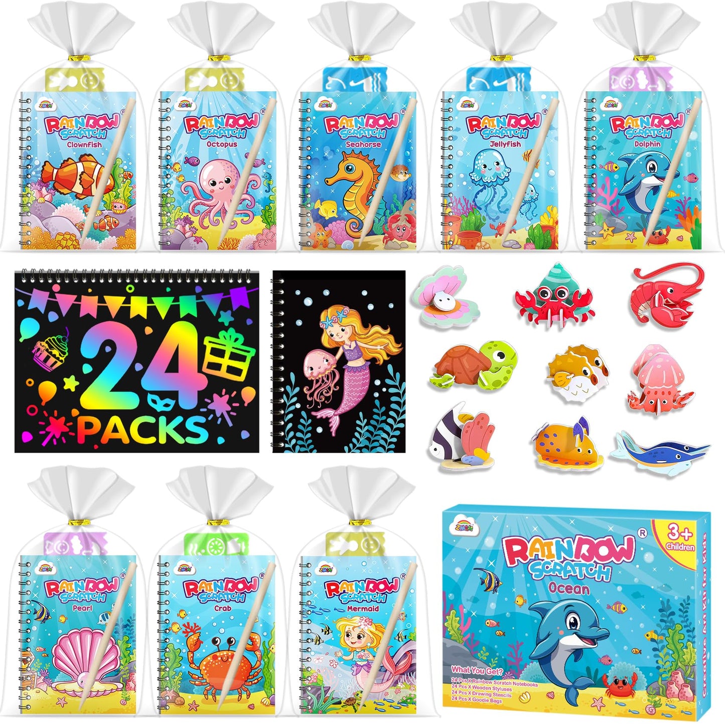 ZMLM 24 Pack Scratch Art Party Favors for Kids 4-8 – Individually Wrapped Rainbow Notebooks, Mess-Free Goodie Bag Stuffers, Non-Candy, Classroom Prizes, Travel Quiet Time Crafts for Boys Girls(Ocean)