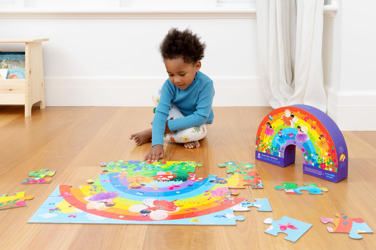 Crocodile Creek 36-Piece Jigsaw Floor Puzzle - Fun Floor Puzzles for Kids Ages 3-5 - Heavy-Duty Shaped Box for Storage - Over The Rainbow - 24" W x 18" H Finished