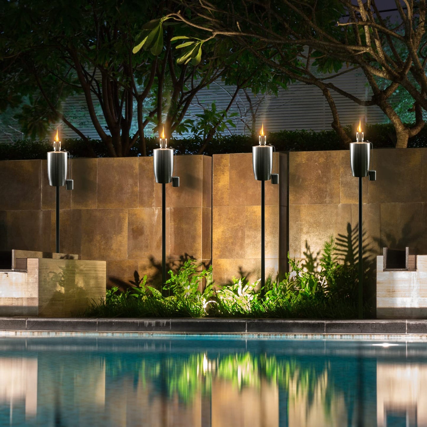 Matney Stainless Steel Outdoor Torches - 5 ft Oil Lamp Set of 4 - Fiberglass Wick & Snuffer Cap