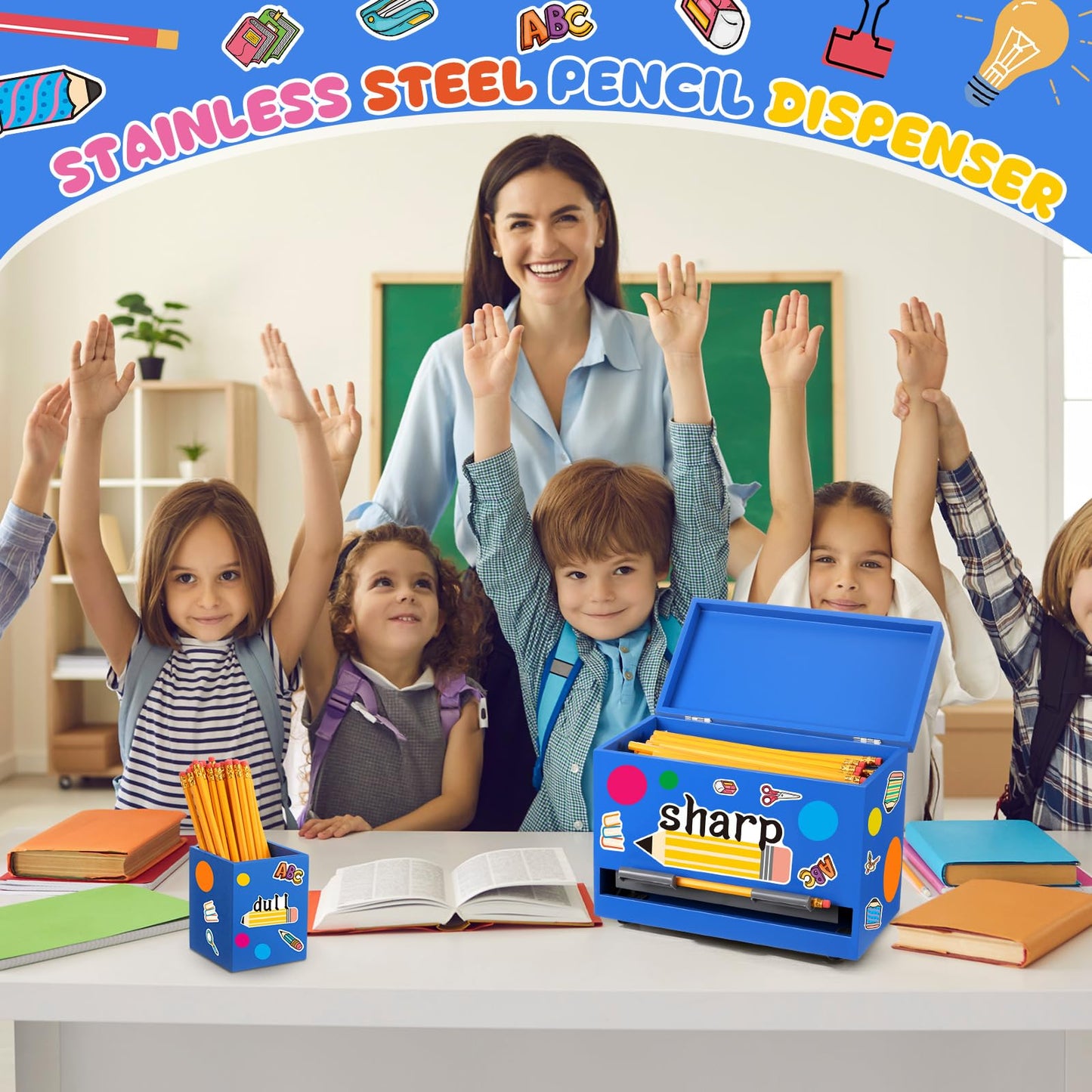 Watersay 108 Pcs Pencil Dispenser Kit for Classroom Wooden Sharp and Dull Pencil Holder 50 Pencils 50 Sharpener 6 Sticker Classroom Teacher Must Have Straw Dispenser for Back to School(Royal Blue)