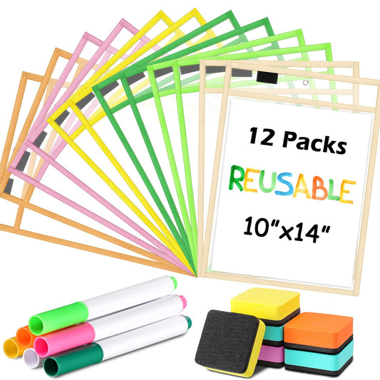 Watersay 24 Pcs Dry Erase Pocket Reusable Sleeves 10" x 14" Clear Plastic Sheet Protectors with Markers and Mini Dry Erasers for Paper(Modern Boho)
