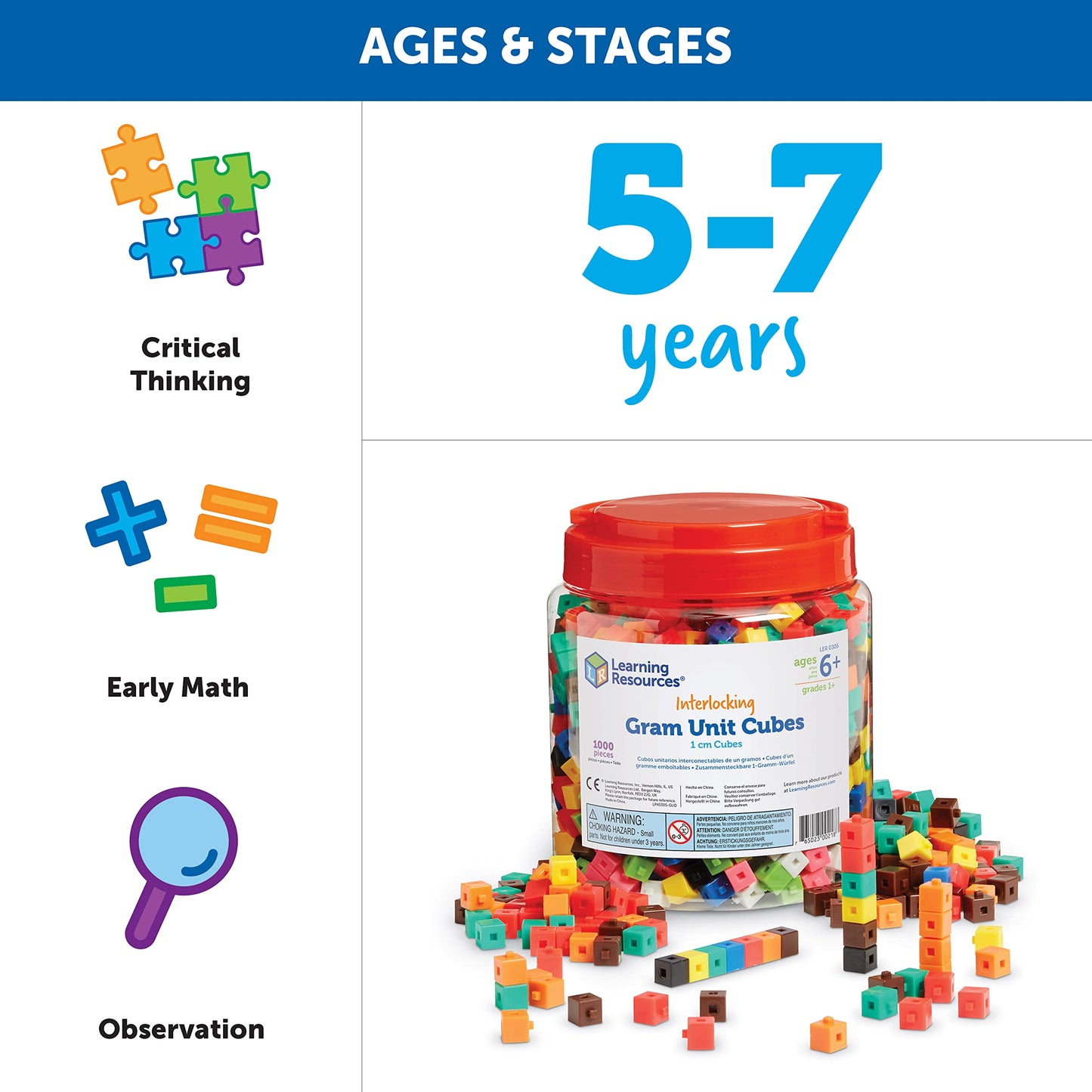 Learning Resources Interlocking Gram Unit Cubes - 1,000 Pieces, Ages 6+ Math Classroom Teaching Aids