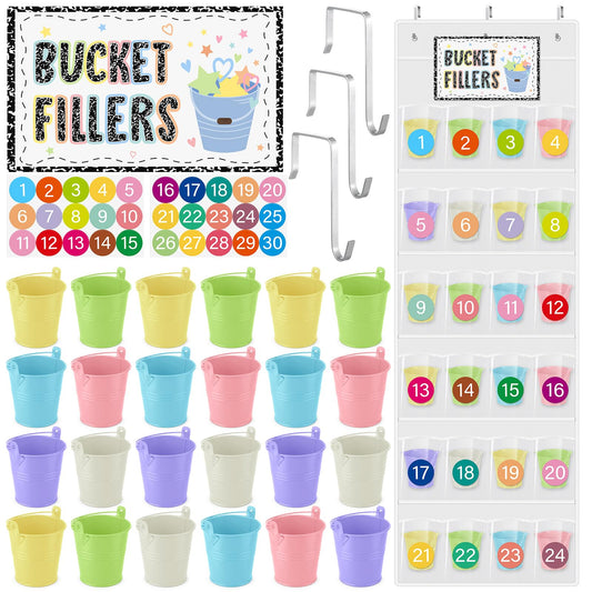 Yoojahow 24 Set Back to School Classroom Management Tools Mini Reward Bucket Filler Activities Have You Filled a Bucket Today Positive Behavior Reward for Teacher Preschool Classroom(Light Color)