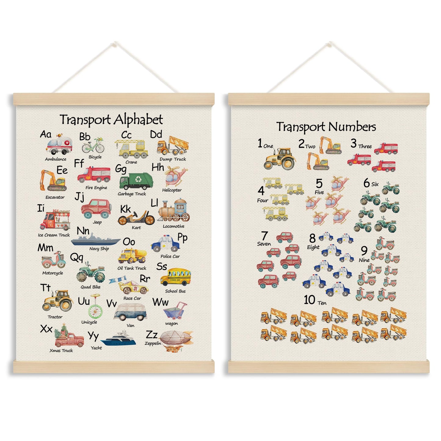 MOTERMATE Transport Alphabet Numbers Poster Hanger Frame, ABC Alphabet 1 to 10 Numbers Wall Hanging Decor Art Framed for Kids Nursery Room Classroom, Kids Wall Poster Prints, 12x16 Inch Set of 2