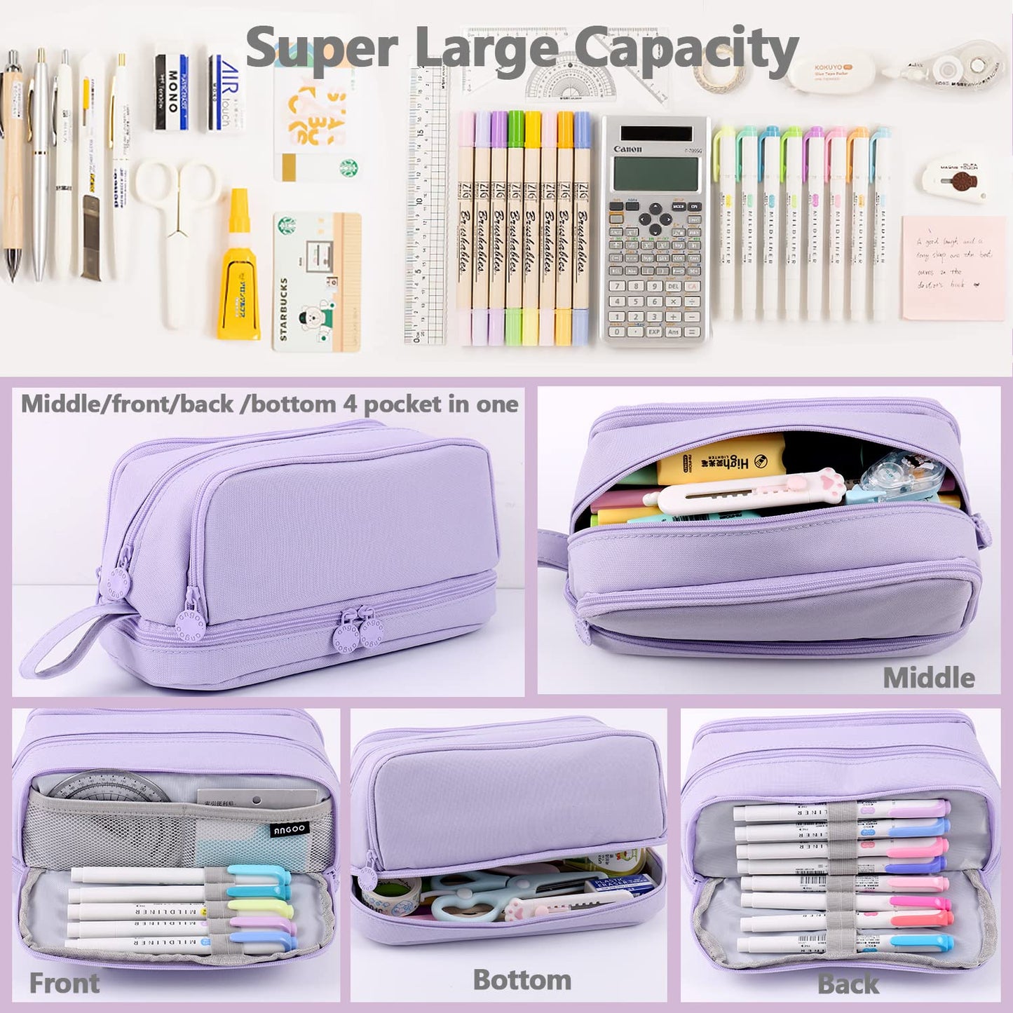 MAMUNU Large Capacity Pencil Case 4 Compartments, Pencil Pouch Bag with Zipper Portable Handle, Pen Case Bag Stationery Organizer for Office College School Adults Teen Girls Boys Men Women, Purple