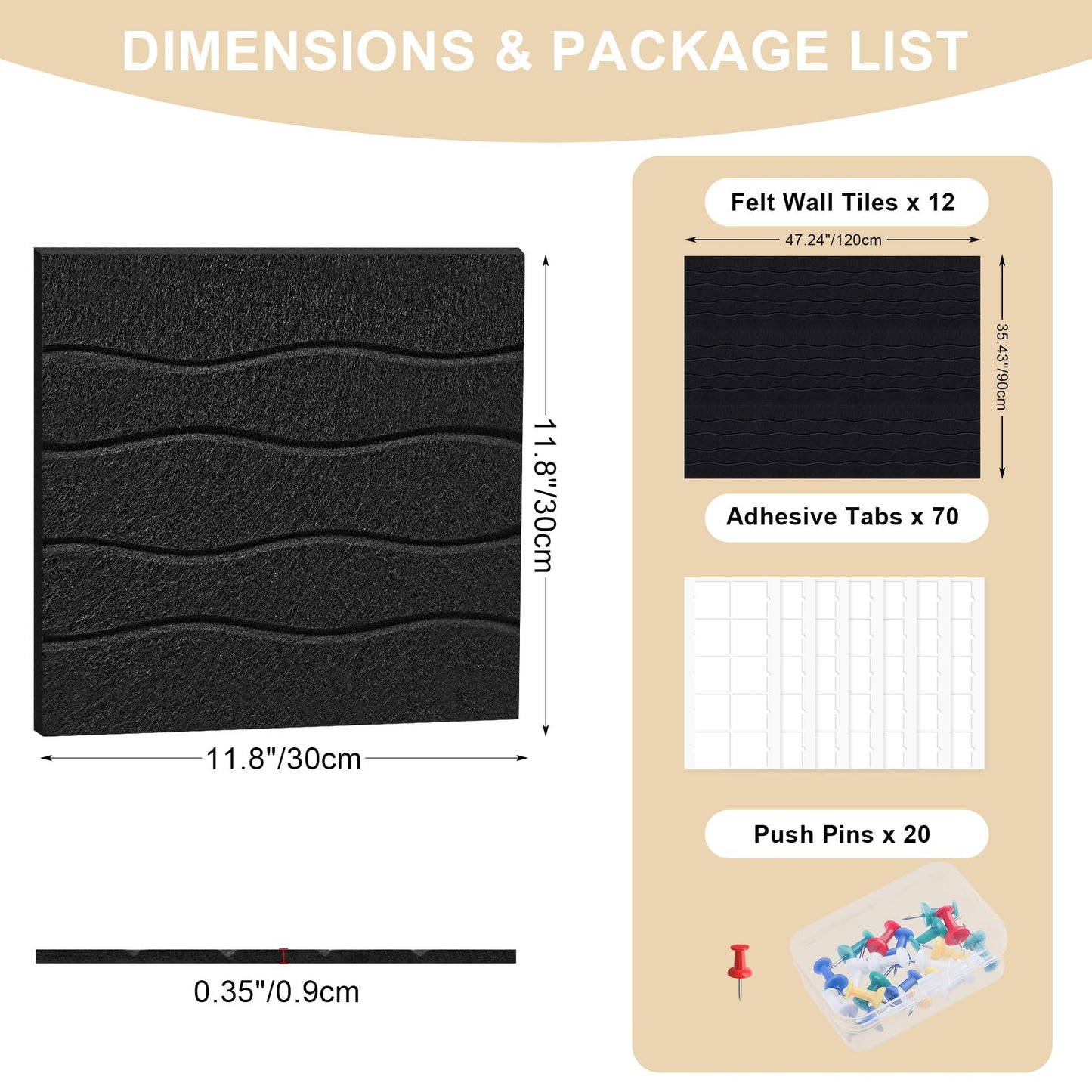 AKONEGE Felt Bulletin Board Tiles 12 Pack, 48" x 36" Cork Board Alternative, DIY Pin Board Wall Tiles for Photo Wall, Vision Board, Dorm Room & Home Office Decor, Stick-On with Adhesive Tabs, Black