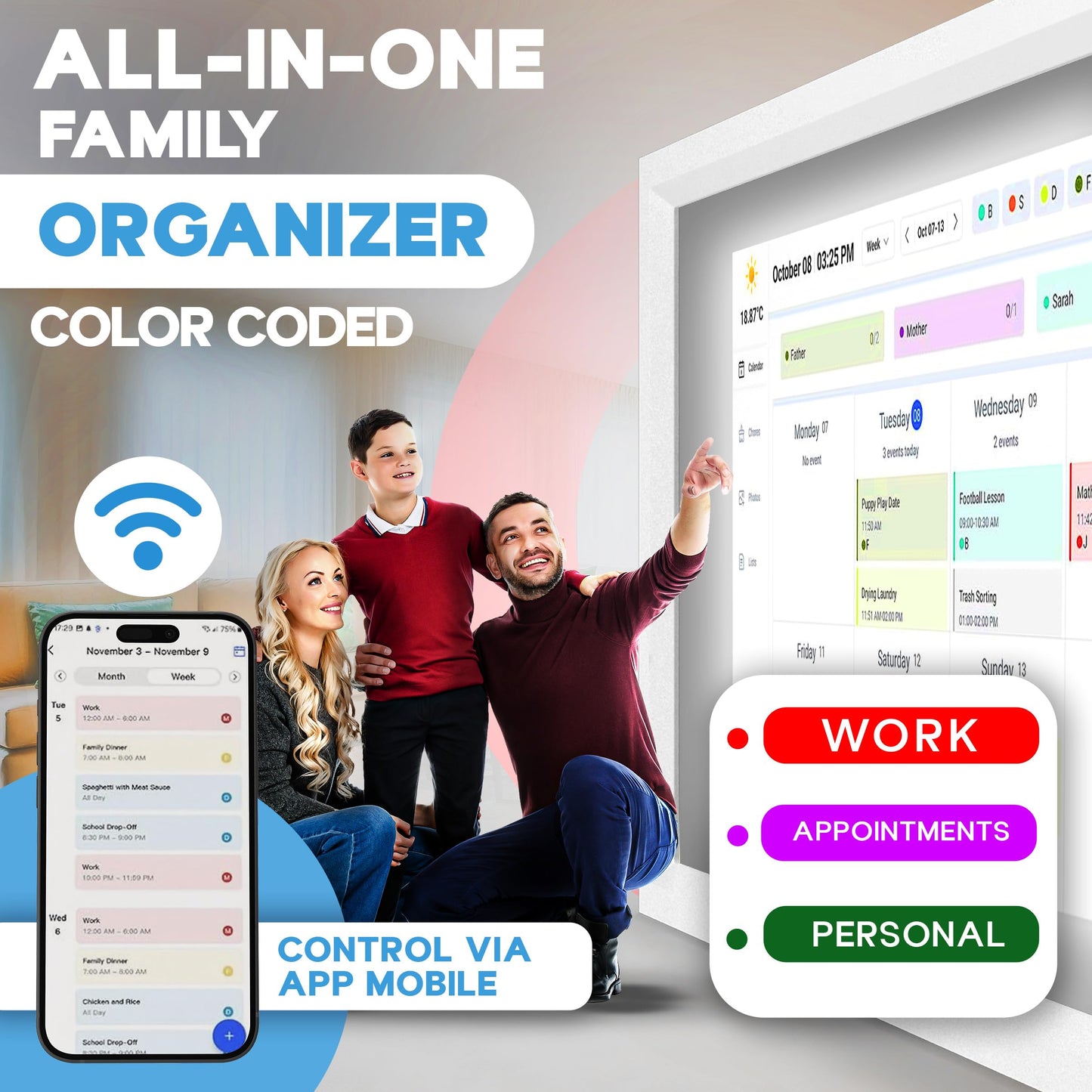 15.6 Inch Digital Calendar with Wall Mount Option, HD Touchscreen Planner, Wi-Fi sync, Color Coded Scheduling, Meal Planning, Chore Chart for Family and Home Organization