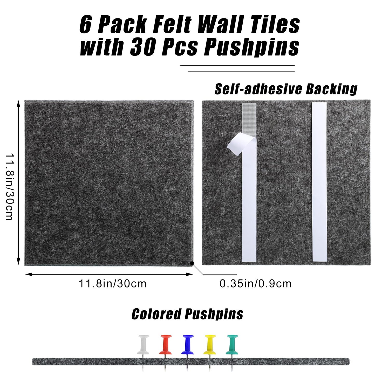 Large Cork Board 36" x 24", 6 Pack Felt Bulletin Board with 30 Pushpins, Cork Boards Alternative with Self-Adhesive Strips, Felt Wall Tiles Pin Boards for Walls Office Home School Decor-Dark Gray