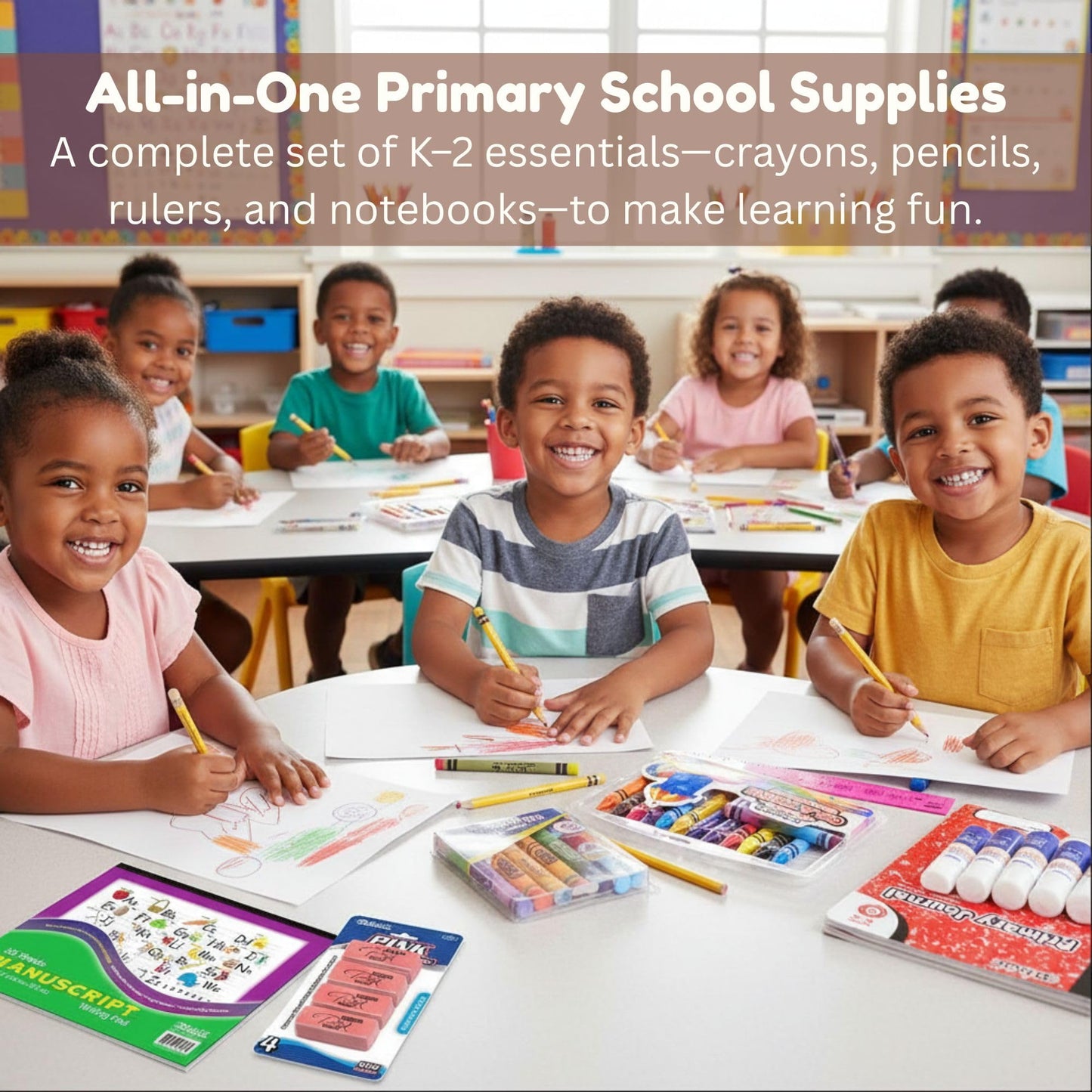 OMURA Learning Primary School Supplies Kit (K–2) – 56-Count Back-to-School Supply Box for Students | Composition Book, Ruler & Early Learning Essentials for Kindergarten School Supplies Color may Vary