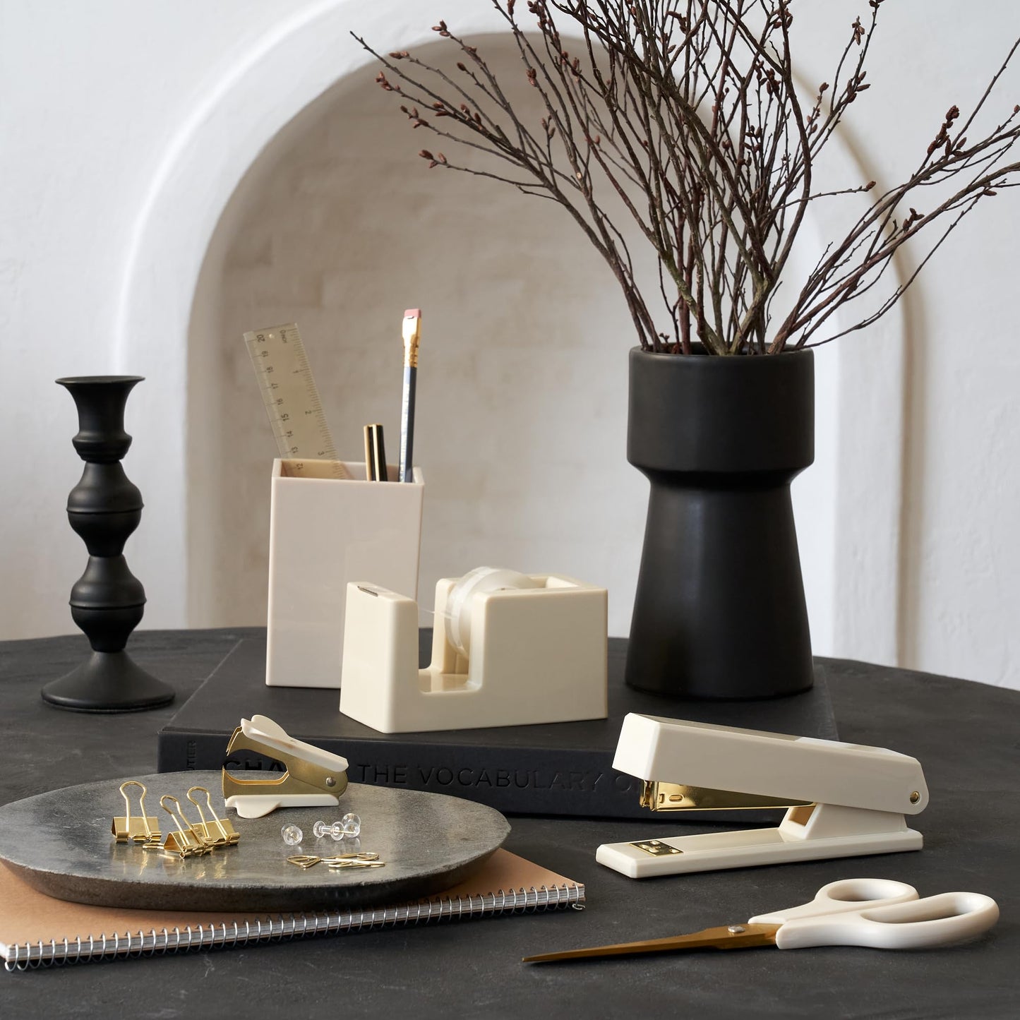 Aesthetic Desk Accessories Set - A Complete Desktop Organizer Set For Women Enhances Any Office Decor - An Office Supplies Kit w Gold Finish incl. Pen Holder, Scissors, Stapler, Tape Dispenser & More