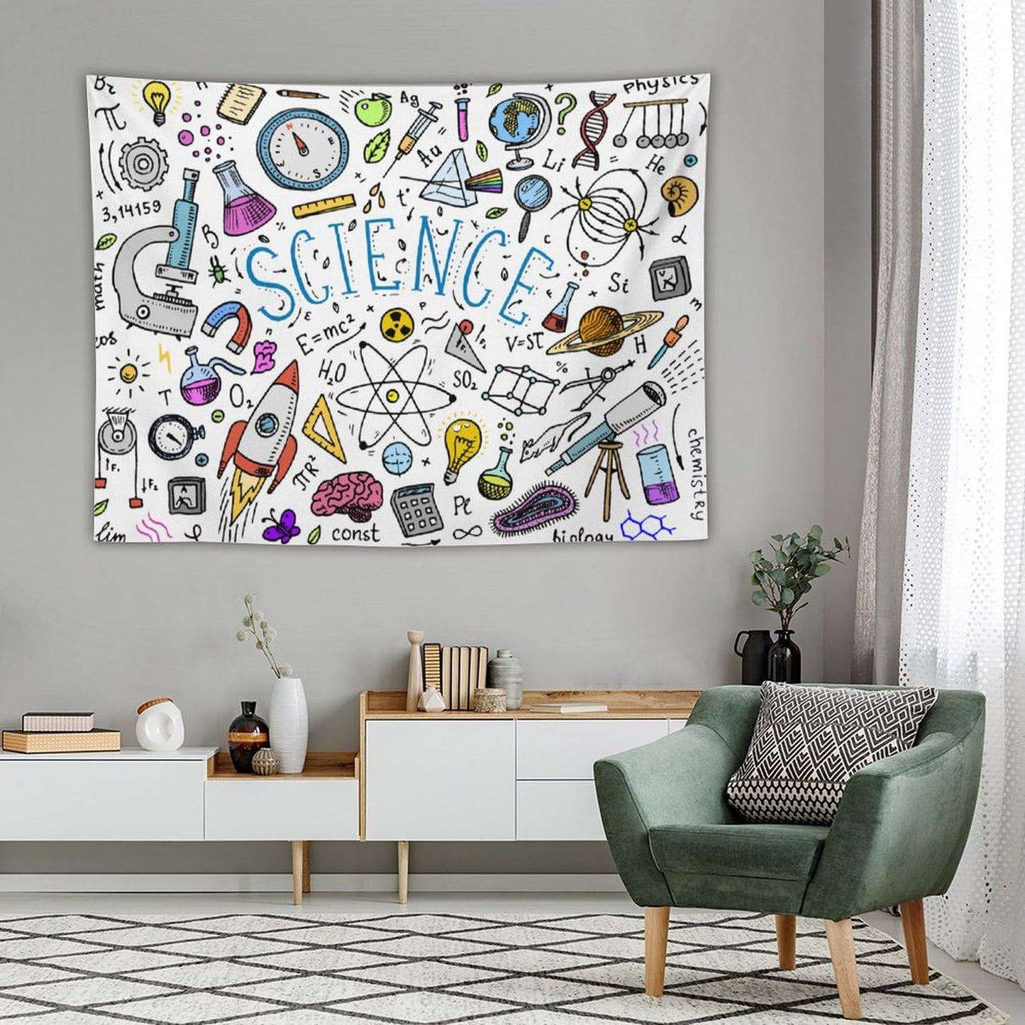DDCBNS Science Ideas Wall Hanging Tapestry,Physics Chemistry Geometric Pattern School Decor Tapestries,Boys Girls Kids Funny Educational Tapestry for Study Classroom Bedroom Living Room 80" x 60"