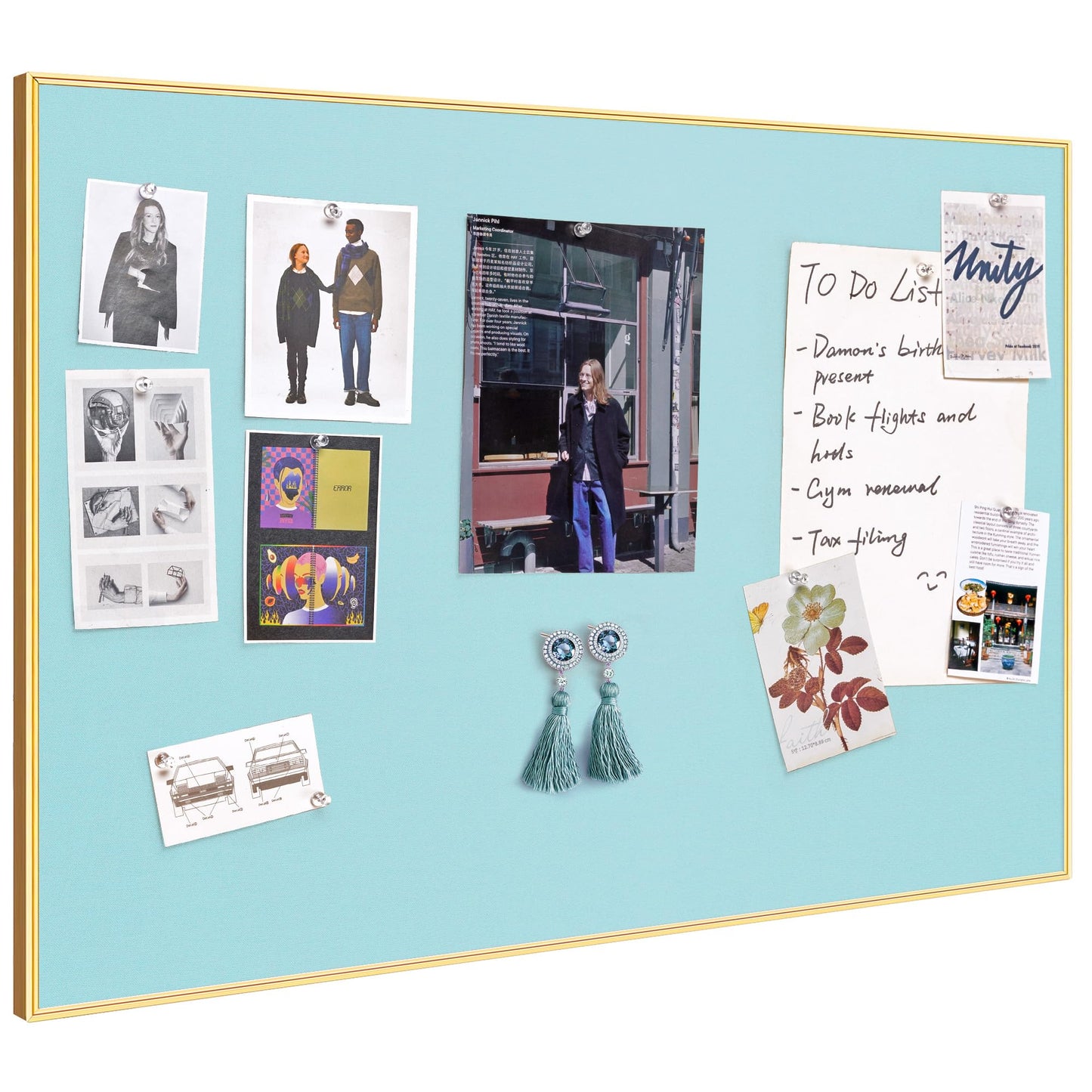 Lightomorrow Bulletin Board 30 x 20 inches, Dark Blue Pin Board, Golden Aluminum Framed Fabric Cork Board with 10 Push Pins