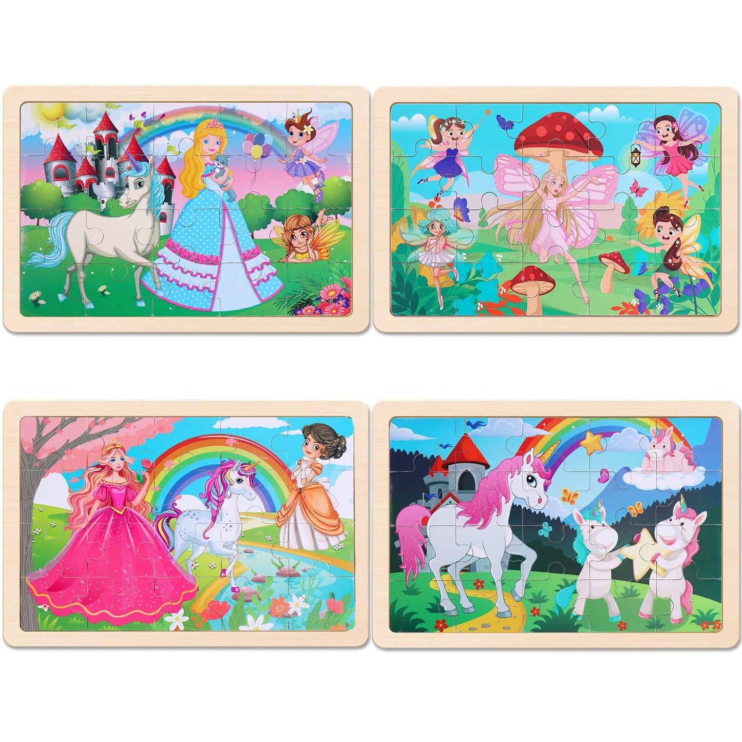 Wooden Educational Jigsaw Puzzles for Preschool Kids Ages 3-5, 4-Pack with 20 Pieces Unicorn Princess Wood Puzzles Set, Toddler Brain Teaser Toys, Preschool Gifts for Boys Girls Ages 3 4 5 6
