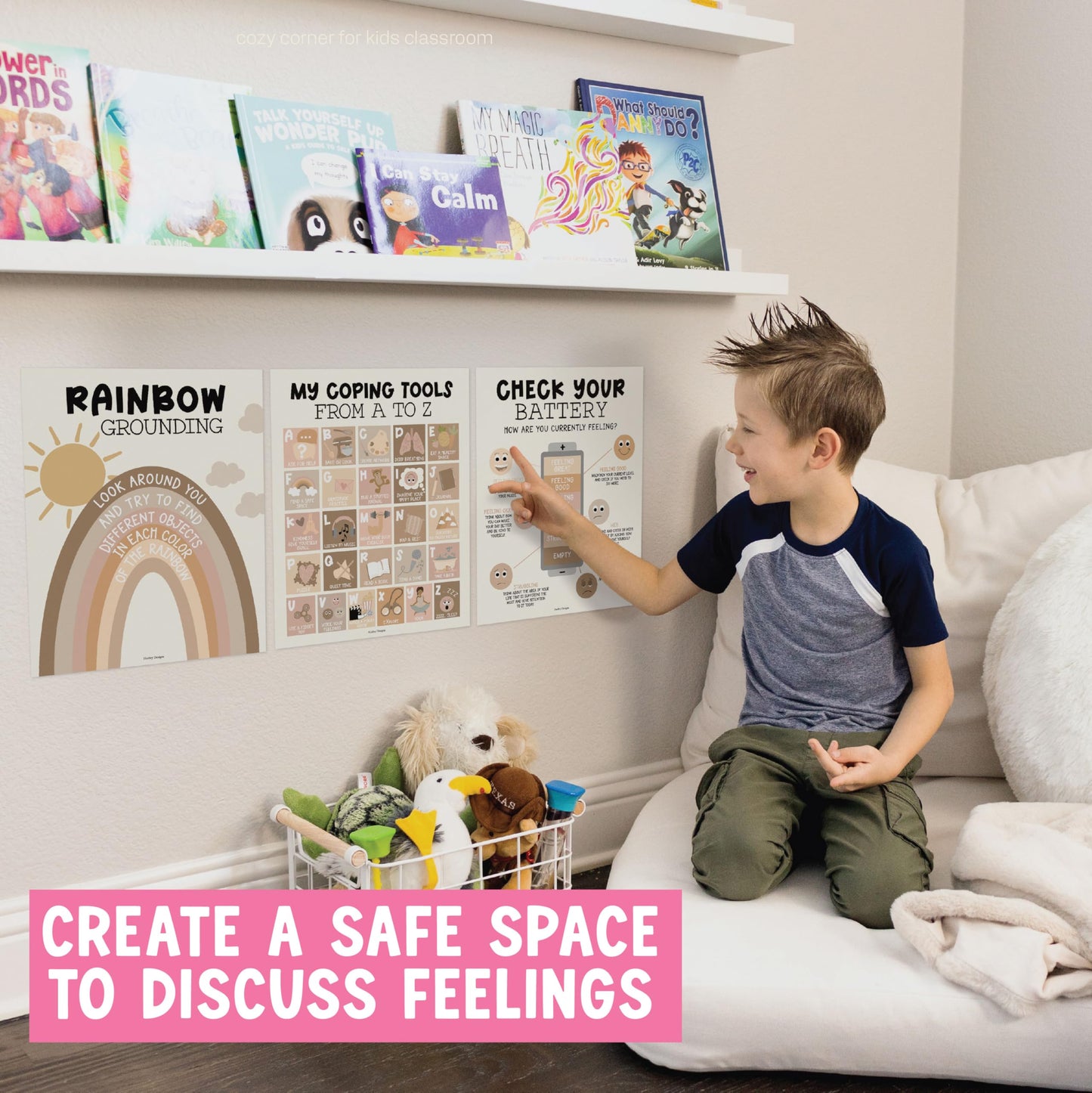 Hadley Designs 9 Calming Corner Posters for Classroom Must Haves - Calm Down Corner Supplies with Emotions Chart, School Counselor Mental Health Poster, Feelings Chart For Kids, Boho Classroom Decor