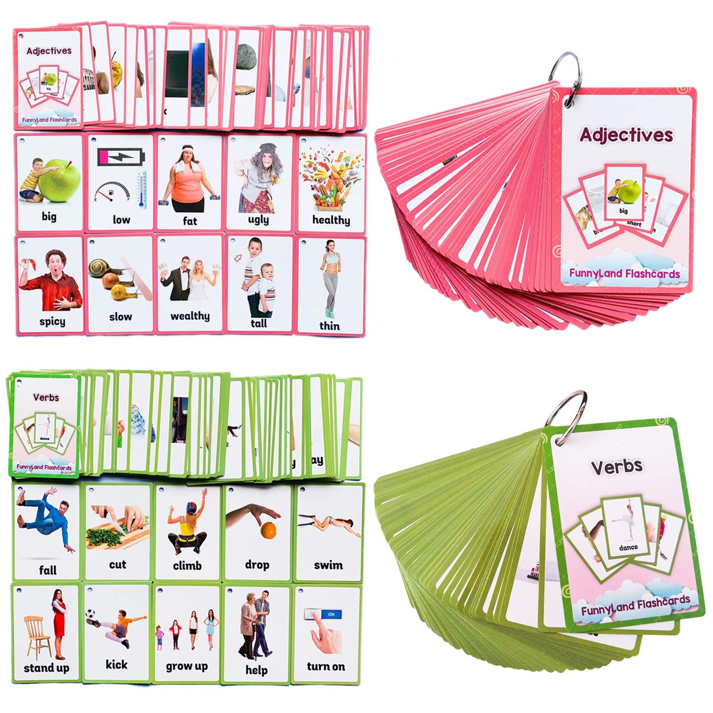 Verbs/Adjectives Flash Cards English Flash Cards Pocket Card Learning Toys for Children Pre-Kindergarten Kids Education Aids
