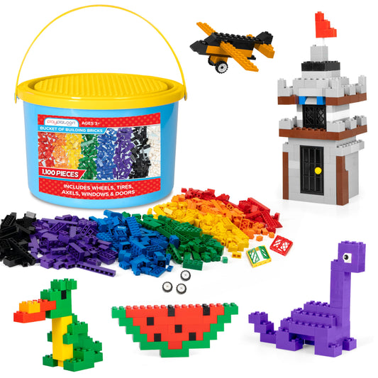 Play Platoon 1100 Pieces Building Bricks Set - 10 Classic Color Blocks - Bulk Building Blocks Compatible with Major Brands, 14 Different Shape Bricks - Includes Wheels, Tires, Axles, Windows & Door