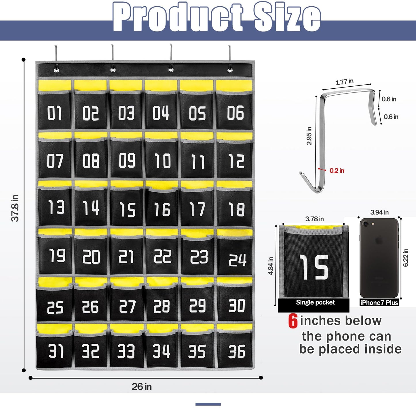 Loghot Classroom Accessories Closet Pocket Chart for Cell Phones Holder Wall Door Hanging Organizer (36 Pockets Black)