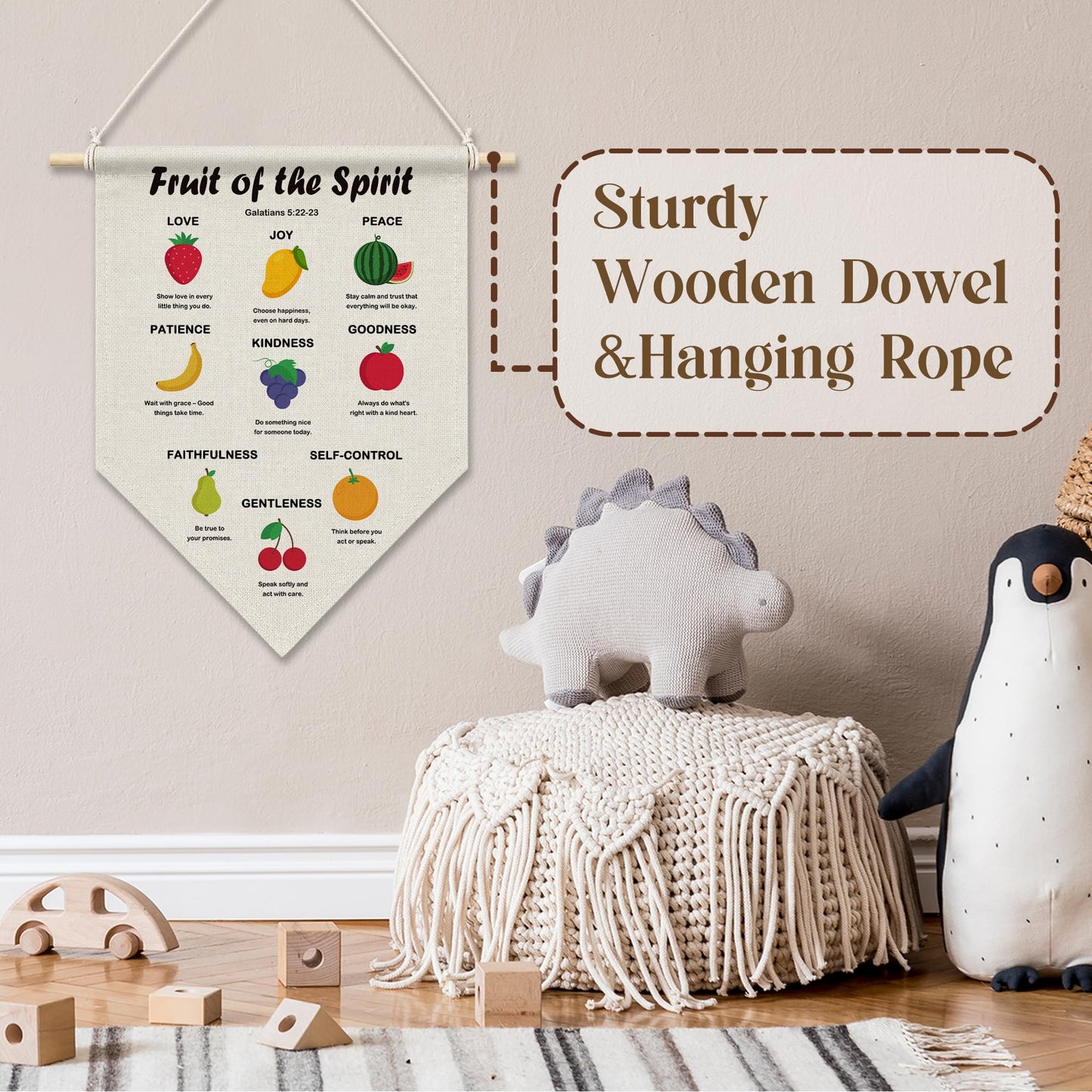 RUKUPA Christian Fruit of the Spirit Wall Art Decor, Bible Verse Nursery Hanging Pennant Flag, Religious Wall Art Poster Hanger for Kids Nursery Room Bedroom Playroom Home Kitchen Decor, 11x15 Inch