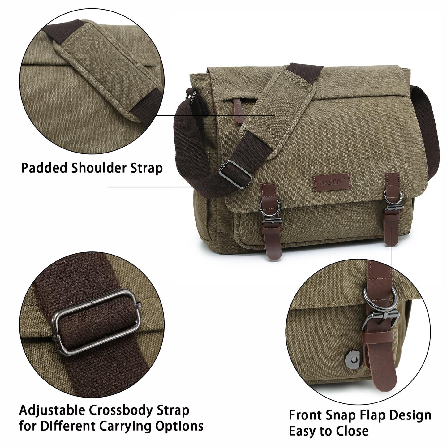 Dasein Large Vintage Canvas Messenger Shoulder Bag, Army Green, 15in Laptop Capacity