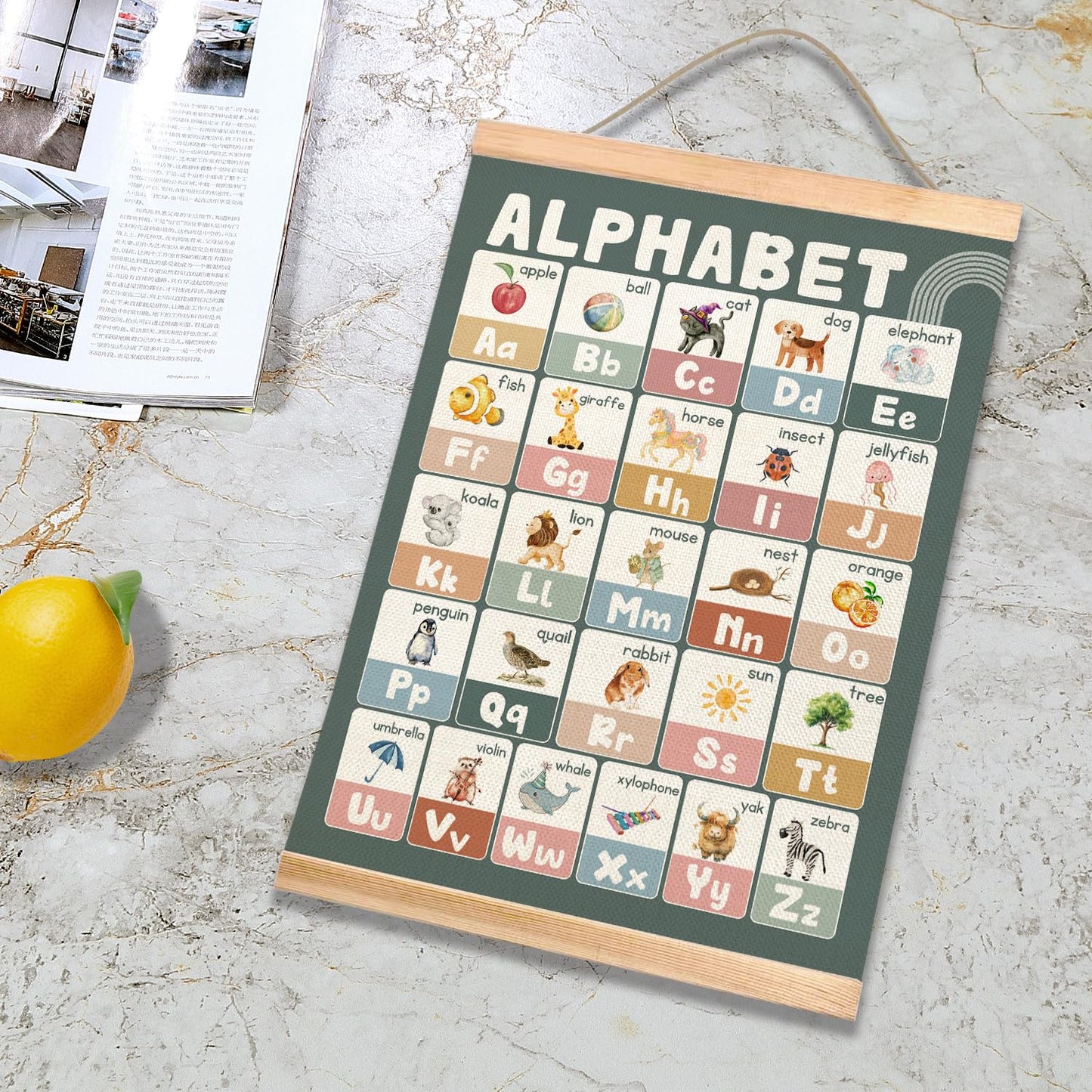 Educational Alphabet Chart Wall Art, 18.5x14Inch Colourful Alphabet Canvas Print Poster with Wooden Hanger, Classroom Learning Posters, A-Z Letters Wall Art Decor for Nursery,Playroom and Home School
