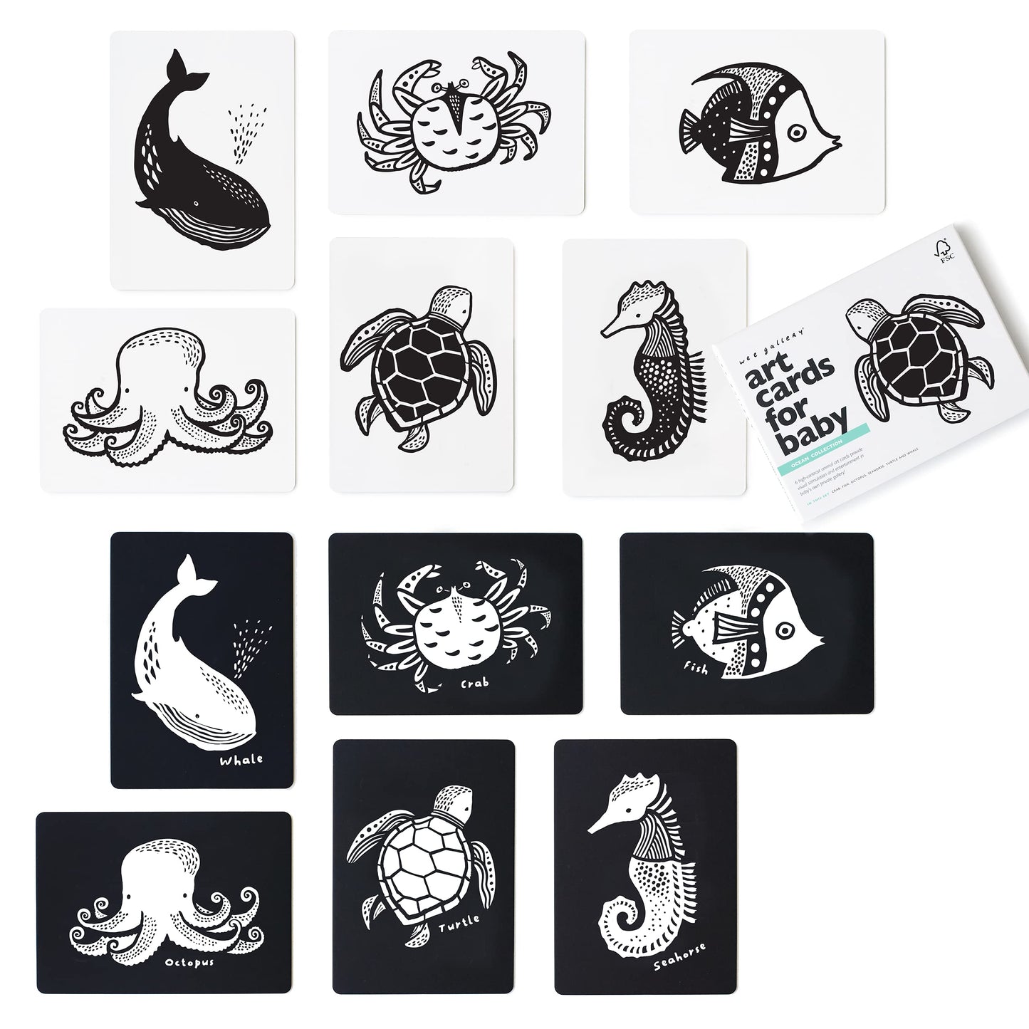 Wee Gallery High Contrast Baby Cards - Black and White Cards for Newborns, 6 to 12 Months Baby Flash Cards, Tummy Time and Visual Stimulation Art Cards - Ocean Animals