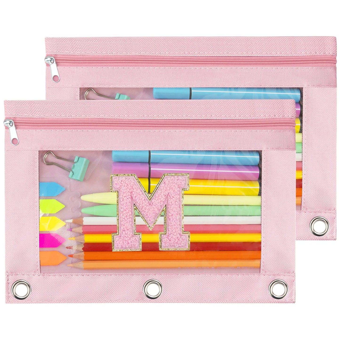 TOPWOOZU Personalized Pencil Pouch for 3 Ring Binder,Initial M Stationery Bag with Clear Window, Large Capacity Oxford Cloth Binder Pouches for Girls School Art Supplies, Pink 2 Pack