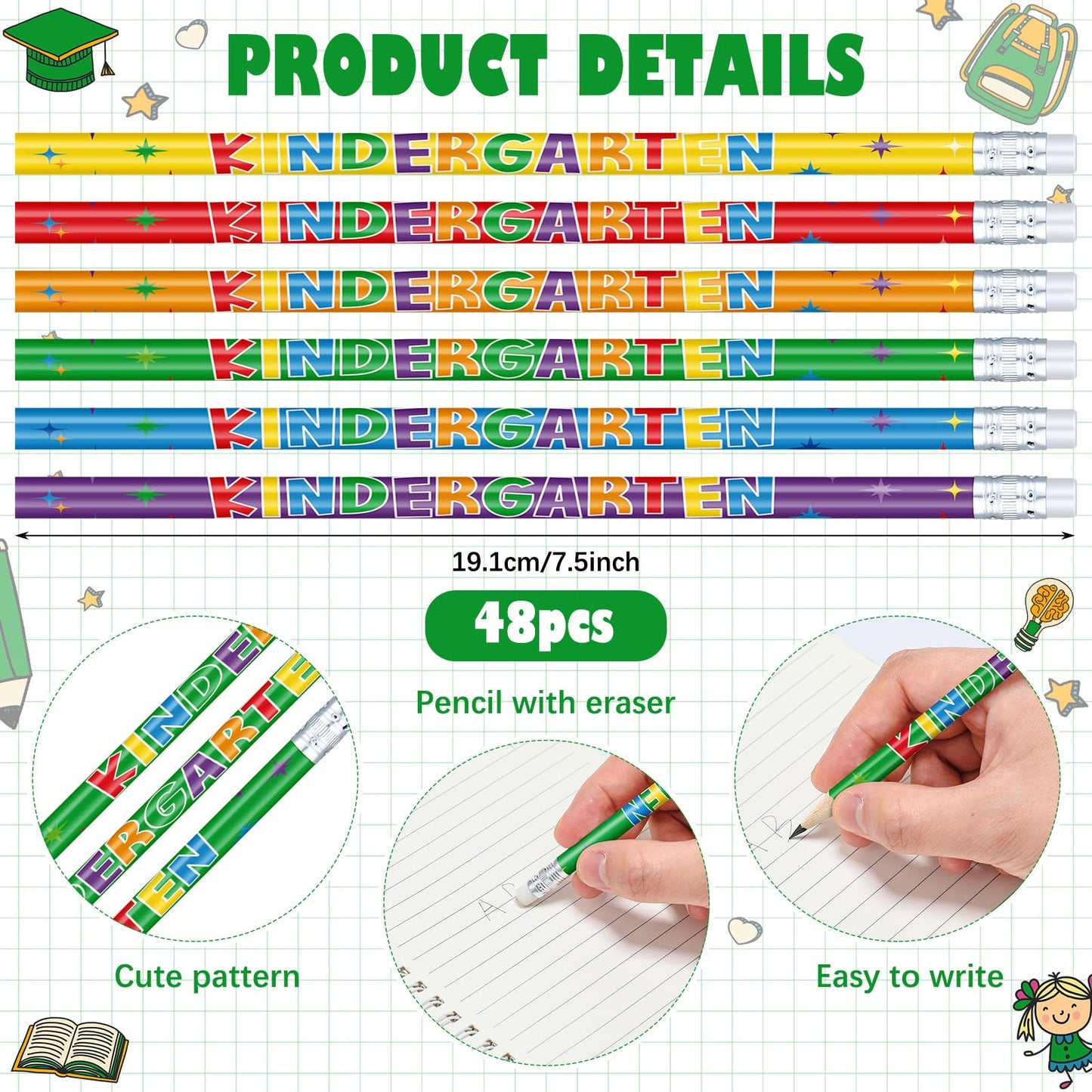 AmazingSpark 48 Pack Kindergarten Pencils for Kids Cute Pencils and Erasers for Back to School Supplies List for I'm Going to Kindergarten Spring Semester Year 2027 First Day of Classroom Reward Gift