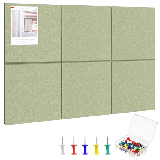 Thboxes Large Cork Board 28" x 19", 6 Pack Felt Wall Tiles with Colored Pushpins, Bulletin Board with for 35 Safe Removable Adhesive Tabs, Pin Board Cork Boards for Walls Home Office Decor - Sage