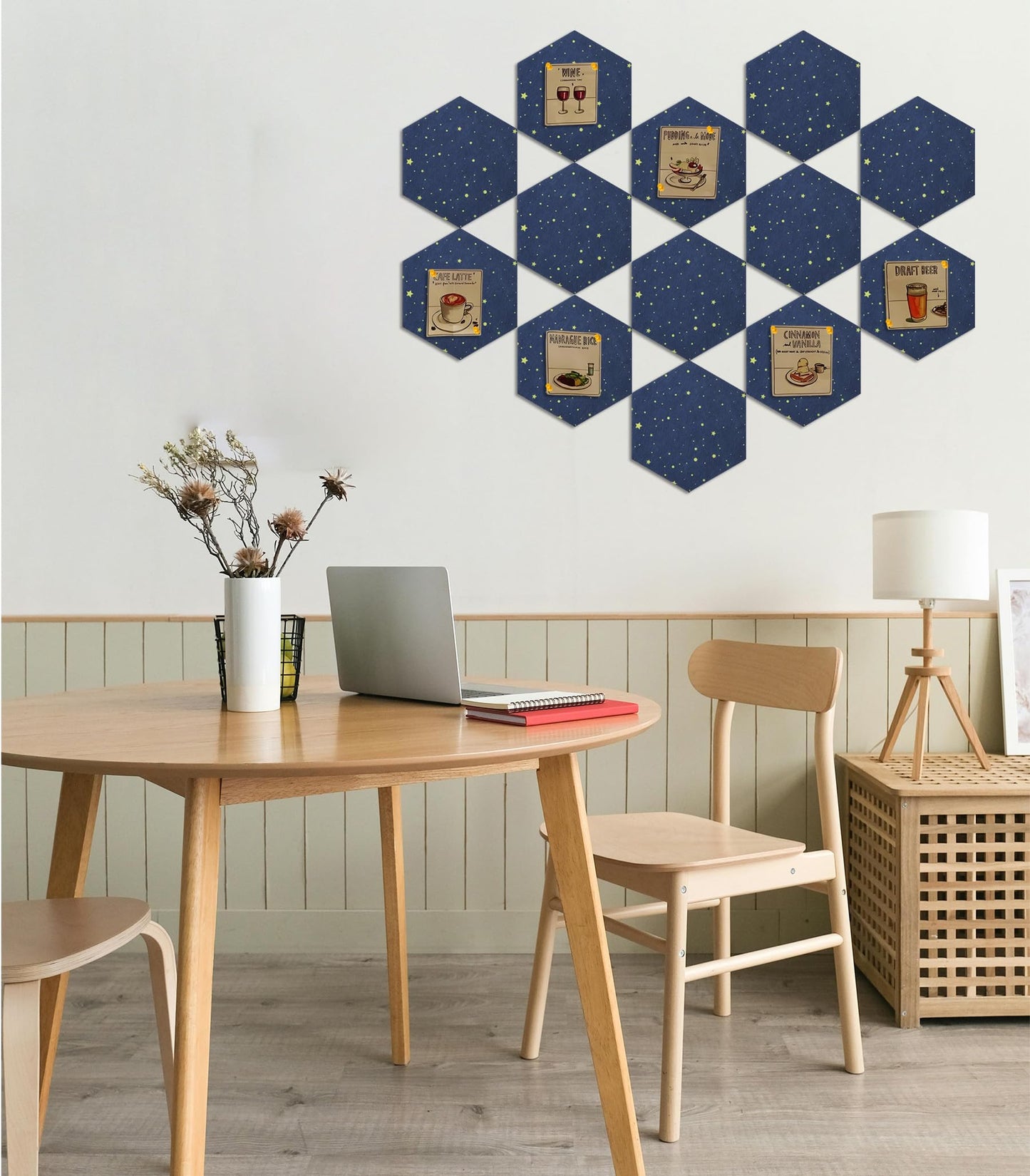 Hexagon Felt Bulletin Board Tiles, 8 Pcs, 8.7 x 7.5 inches, with 20 Pushpins, for Easy Display of Photos Pictures Memos Notices, Felt Wall Tiles for Office Home Classroom (Starry Navy)